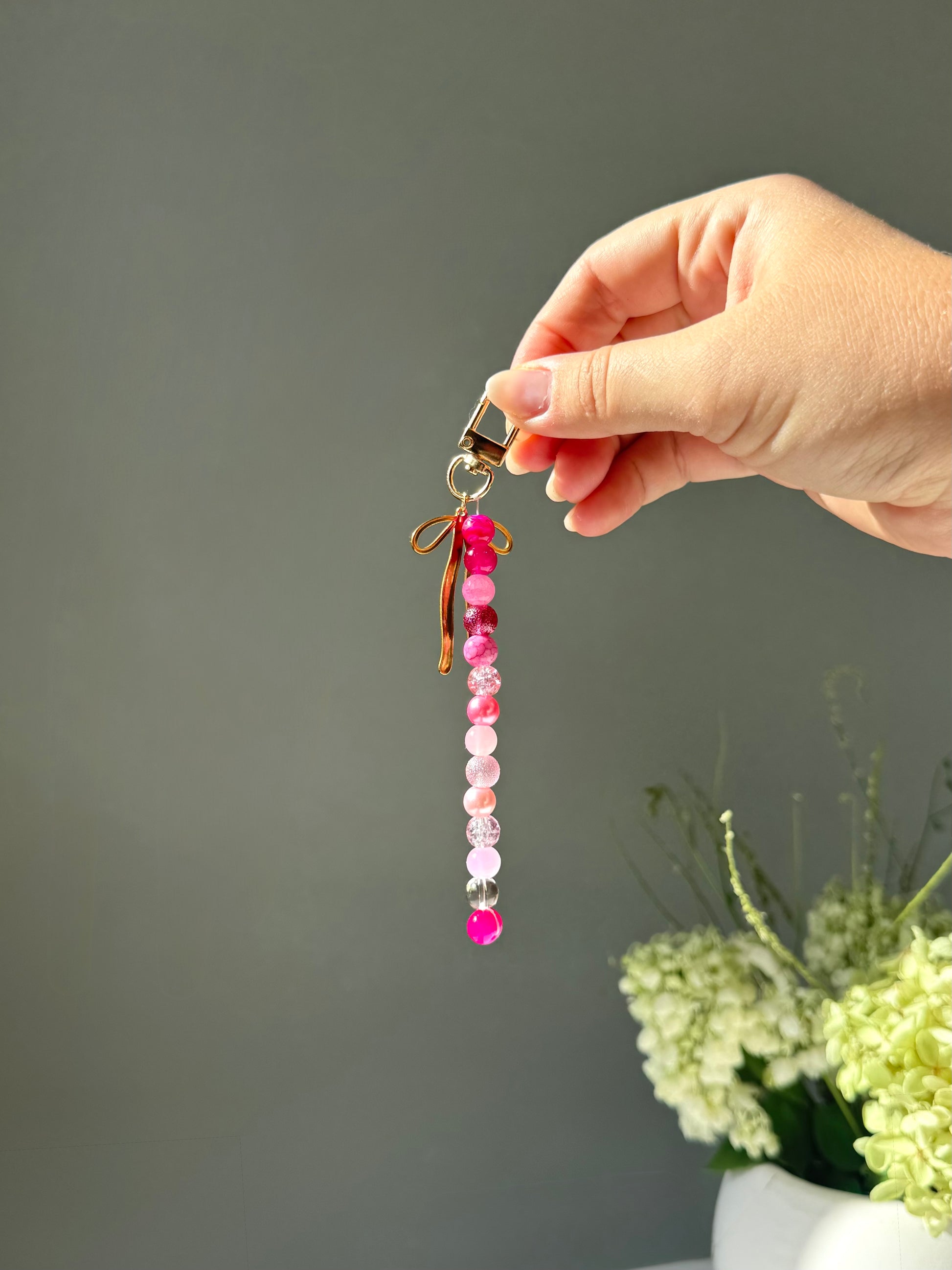 Beaded Keychain – Shades of Pink Glass Beads with Gold Bow Accent