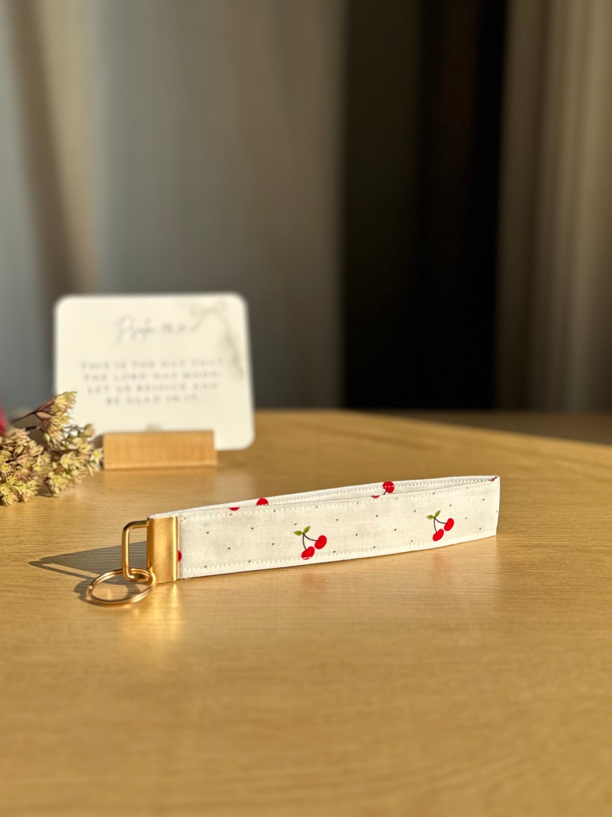 Handmade Cherry Key Wristlet with Gold Hardware