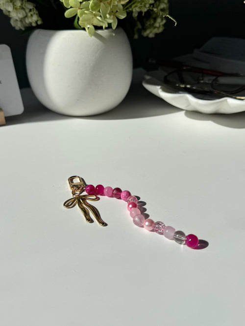 Beaded Keychain – Shades of Pink Glass Beads with Gold Bow Accent