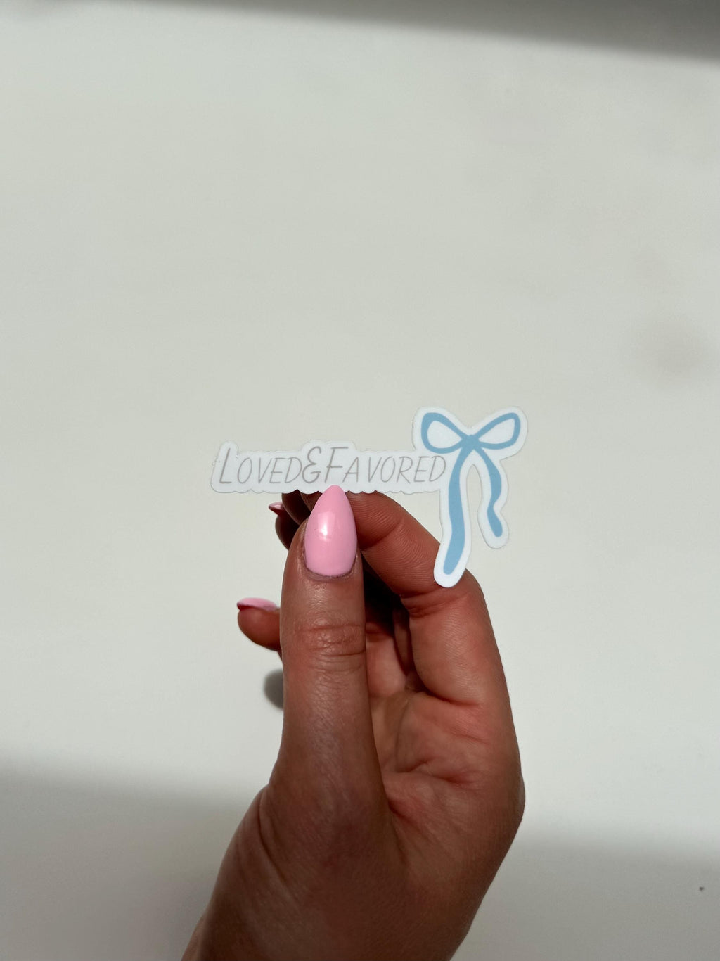Loved & Favored – Blue Bow Sticker