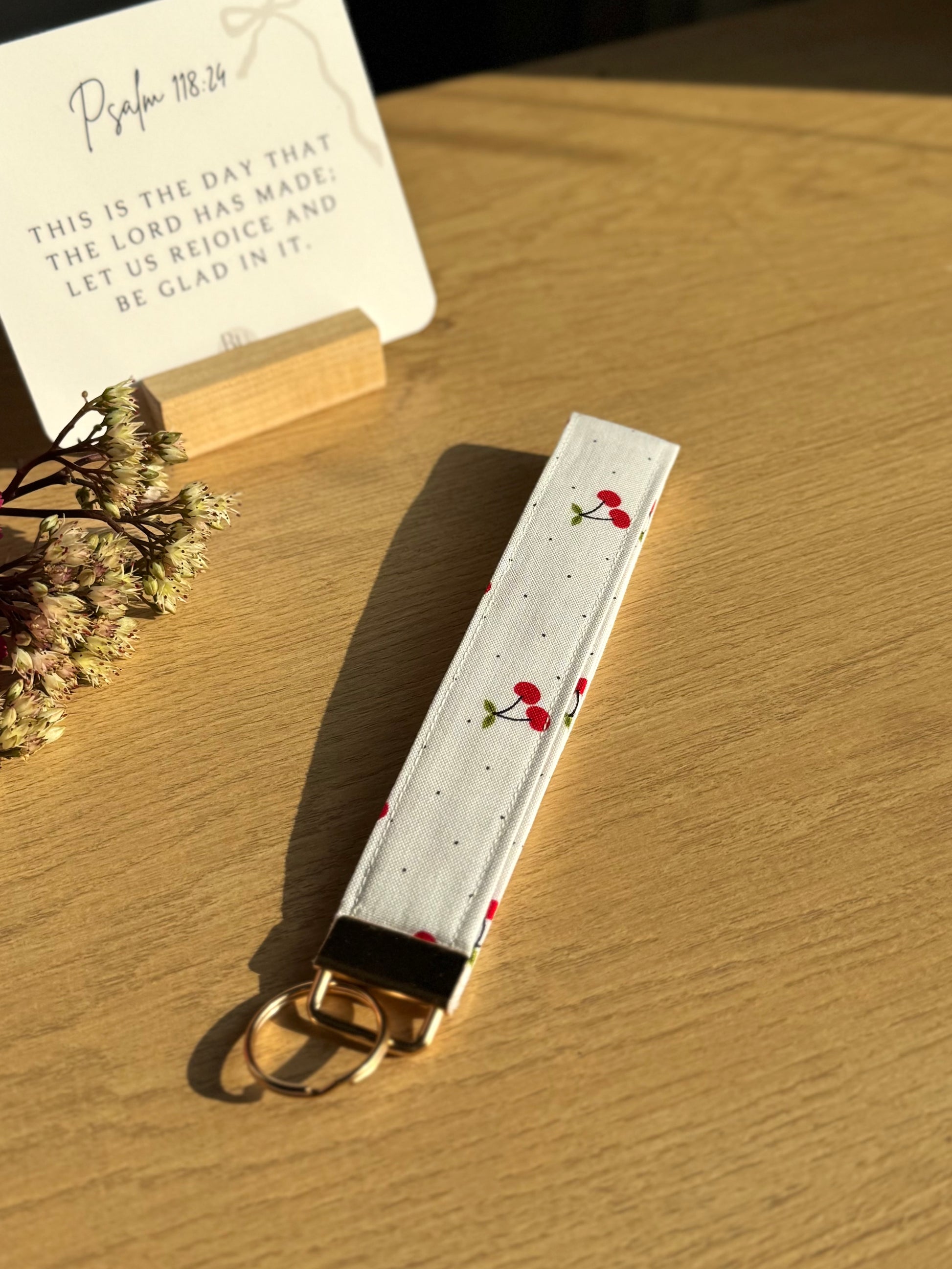 Handmade Cherry Key Wristlet with Gold Hardware