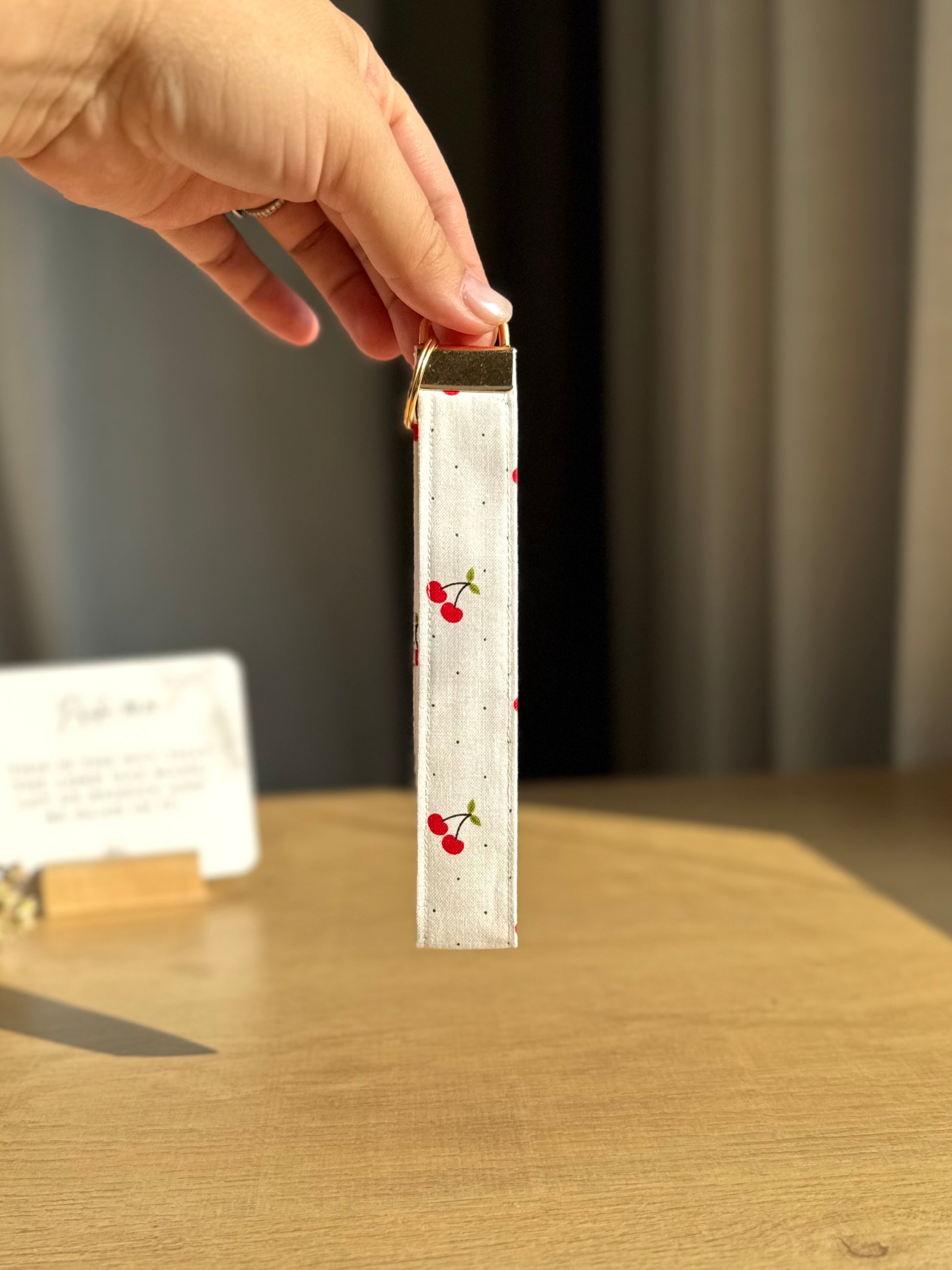 Handmade Cherry Key Wristlet with Gold Hardware