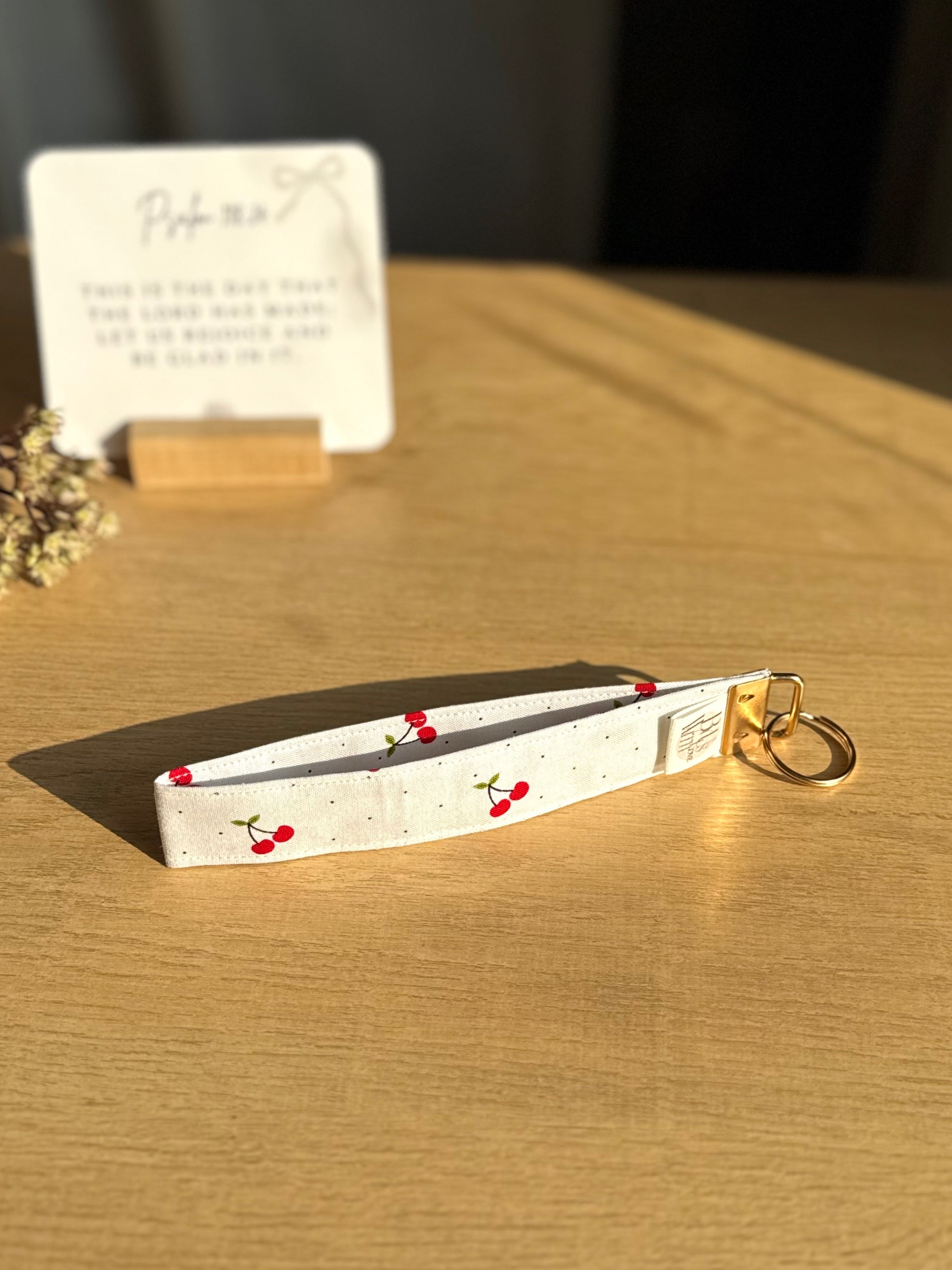 Handmade Cherry Key Wristlet with Gold Hardware