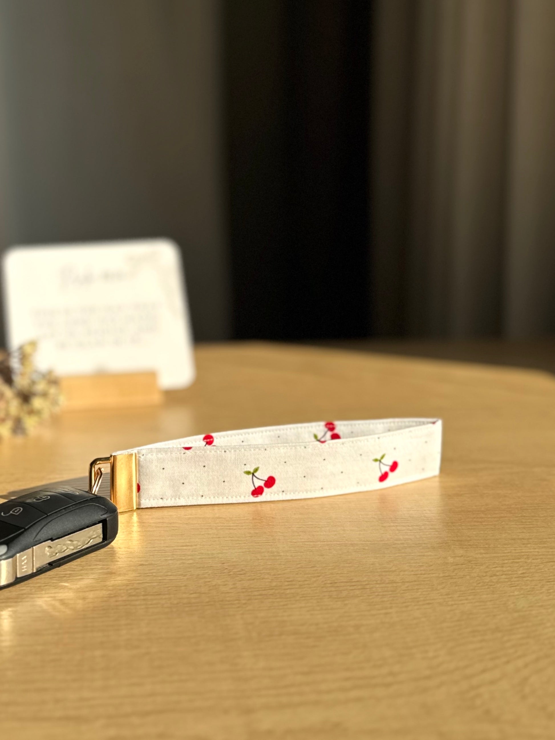 Handmade Cherry Key Wristlet with Gold Hardware