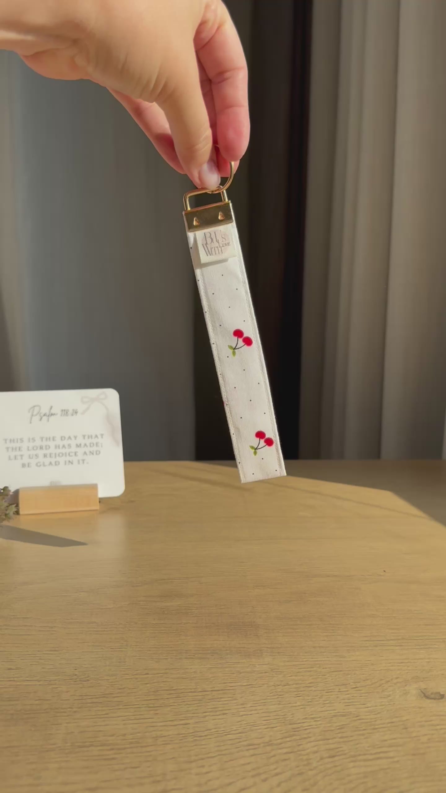 Handmade Cherry Key Wristlet with Gold Hardware