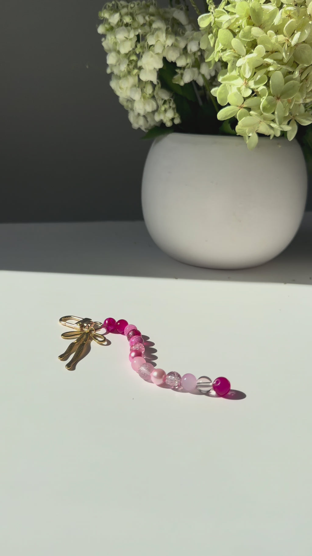Beaded Keychain – Shades of Pink Glass Beads with Gold Bow Accent